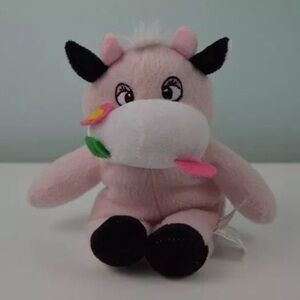 Kellytoy Cow Plush Stuffed Animal Toy Pink Black White Flower 9"